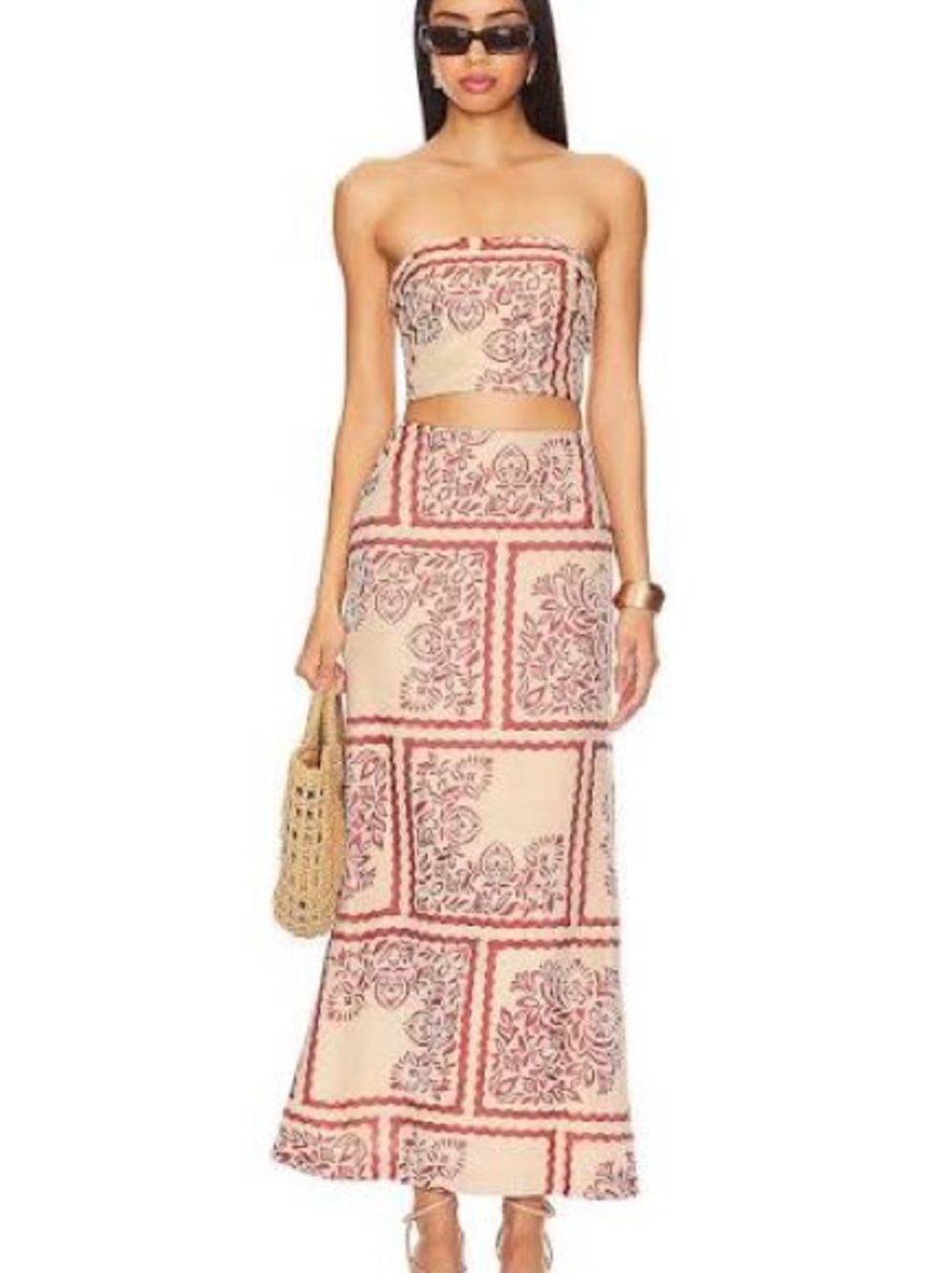 Bec & Bridge Beige and Pink Floral Block Print Maxi Skirt